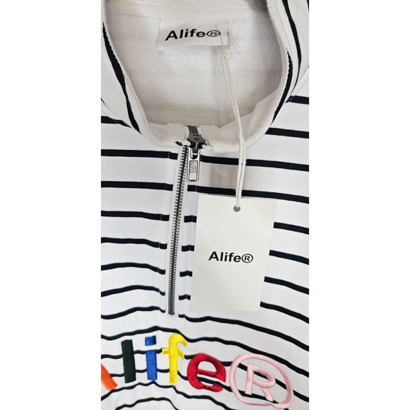 Alife Mens Half Zip Pullover Sweatshirt XL White Black Striped Funnel Neck Retro - Picture 5 of 11